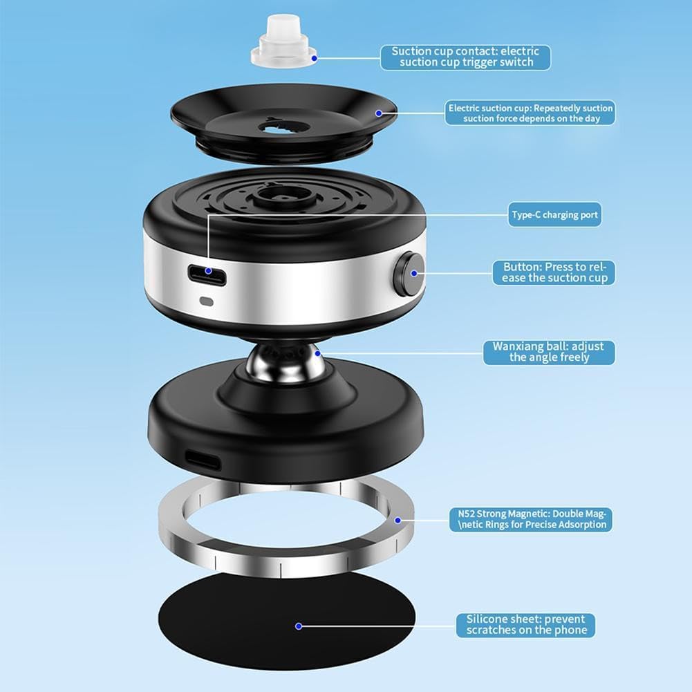 15W Electrical Vacuum Magnetic Wireless Car Charger Holder 2-in-1, 360° Rotating