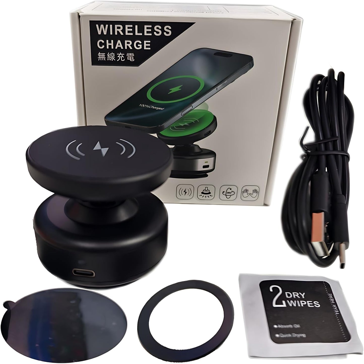 15W Electrical Vacuum Magnetic Wireless Car Charger Holder 2-in-1, 360° Rotating