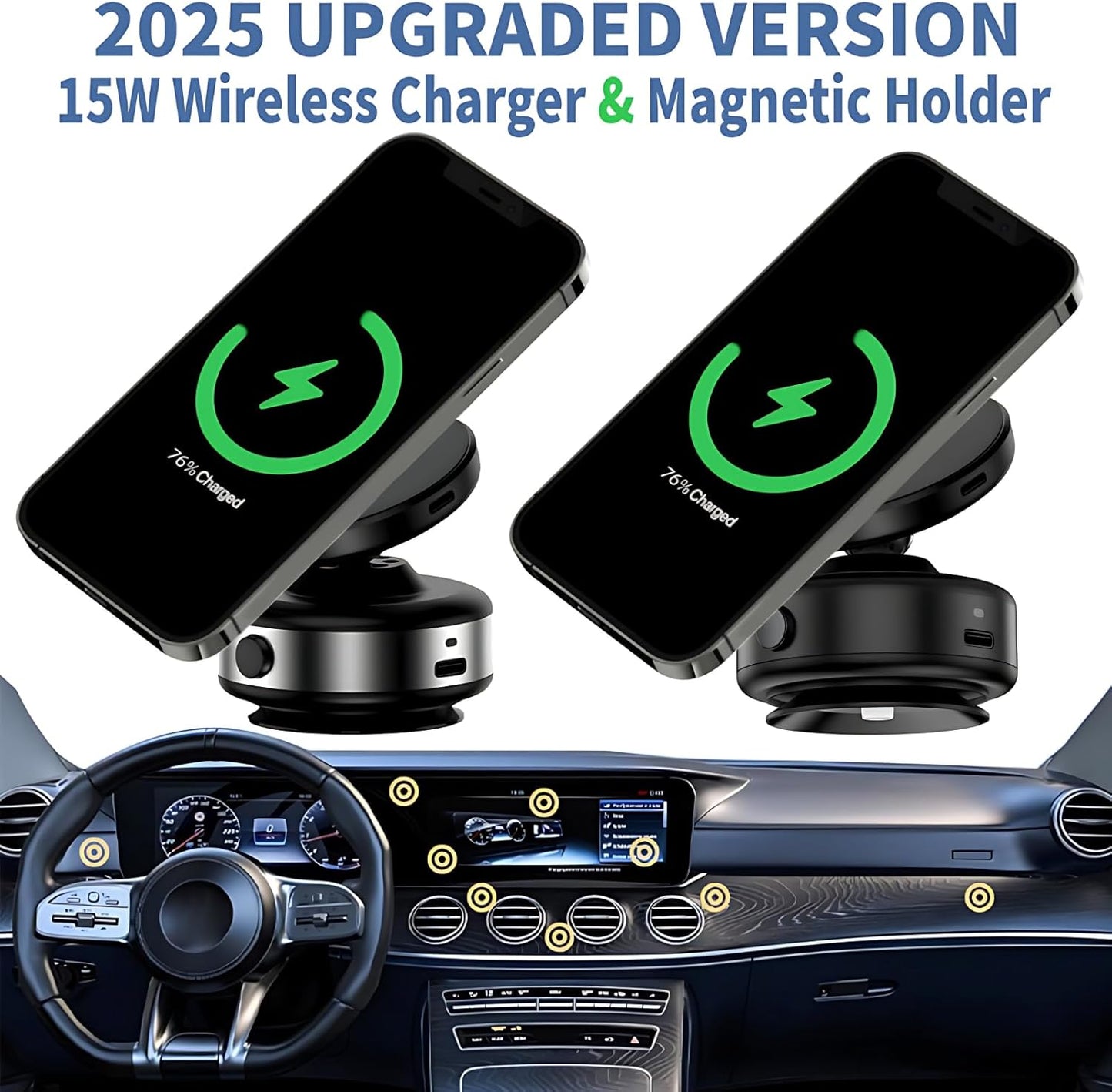 15W Electrical Vacuum Magnetic Wireless Car Charger Holder 2-in-1, 360° Rotating