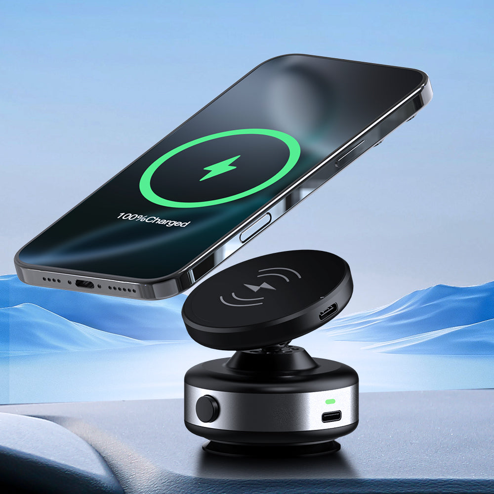 15W Electrical Vacuum Magnetic Wireless Car Charger Holder 2-in-1, 360° Rotating