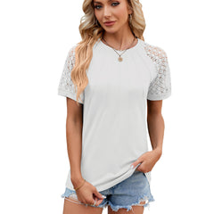 Solid Color Round Neck Top Women's Lace Hollow Design Short Sleeve T-Shirt Summer Womens Clothing