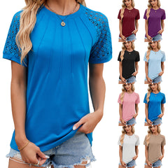 Solid Color Round Neck Top Women's Lace Hollow Design Short Sleeve T-Shirt Summer Womens Clothing