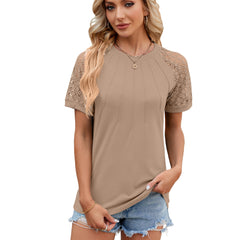 Solid Color Round Neck Top Women's Lace Hollow Design Short Sleeve T-Shirt Summer Womens Clothing