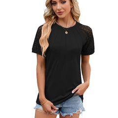 Solid Color Round Neck Top Women's Lace Hollow Design Short Sleeve T-Shirt Summer Womens Clothing